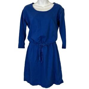 GH BASS & CO Blue Blouson 3/4 Sleeve Knit Mini 100% Cotton Drawstring Dress  XS